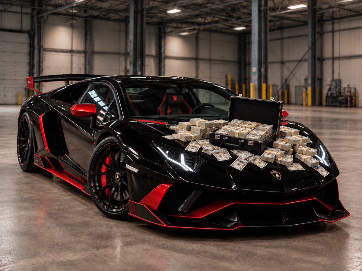 Black and red Lamborghini with stacks of cash on the hood, a Rush Rewards prize